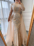 Muslim Nude Balloon Sleeves Beaded Mermaid Evening Dresses Gowns 2025  Luxury With Overskirt For Woman Party LA71352