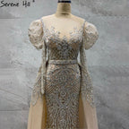 Muslim Nude Balloon Sleeves Beaded Mermaid Evening Dresses Gowns 2025  Luxury With Overskirt For Woman Party LA71352
