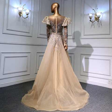 Muslim Nude Balloon Sleeves Beaded Mermaid Evening Dresses Gowns 2025  Luxury With Overskirt For Woman Party LA71352