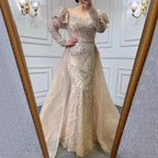 Muslim Nude Balloon Sleeves Beaded Mermaid Evening Dresses Gowns 2025  Luxury With Overskirt For Woman Party LA71352