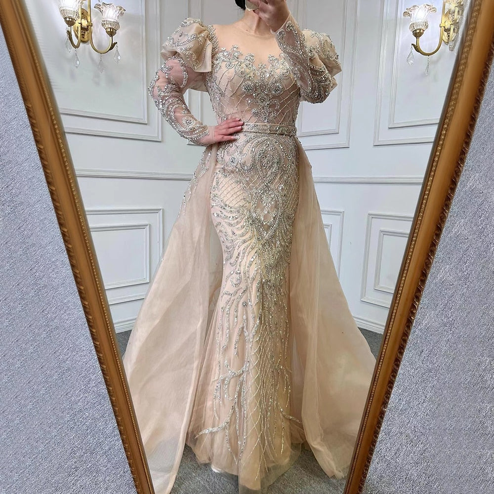 Muslim Nude Balloon Sleeves Beaded Mermaid Evening Dresses Gowns 2025  Luxury With Overskirt For Woman Party LA71352