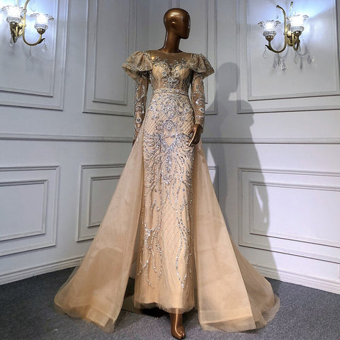 Muslim Nude Balloon Sleeves Beaded Mermaid Evening Dresses Gowns 2025  Luxury With Overskirt For Woman Party LA71352