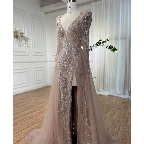 Muslim Nude Elegant Merma V-Neck Beaded Luxury Evening Dresses Gowns 2025 For Women Wedding Party LA72141