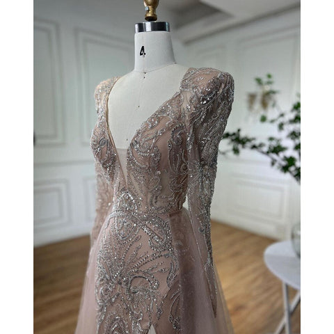 Muslim Nude Elegant Merma V-Neck Beaded Luxury Evening Dresses Gowns 2025 For Women Wedding Party LA72141