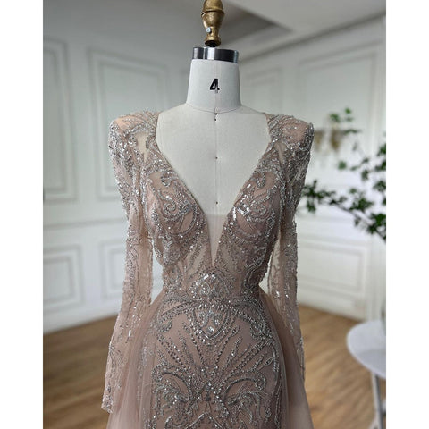 Muslim Nude Elegant Merma V-Neck Beaded Luxury Evening Dresses Gowns 2025 For Women Wedding Party LA72141