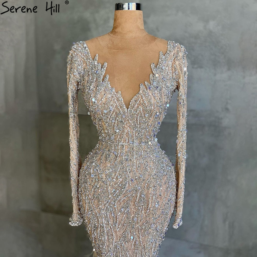 Muslim Nude Meramid Luxury Evening Dresses Gowns 2025 Beading Feathers Elegant For Women Party LA71093