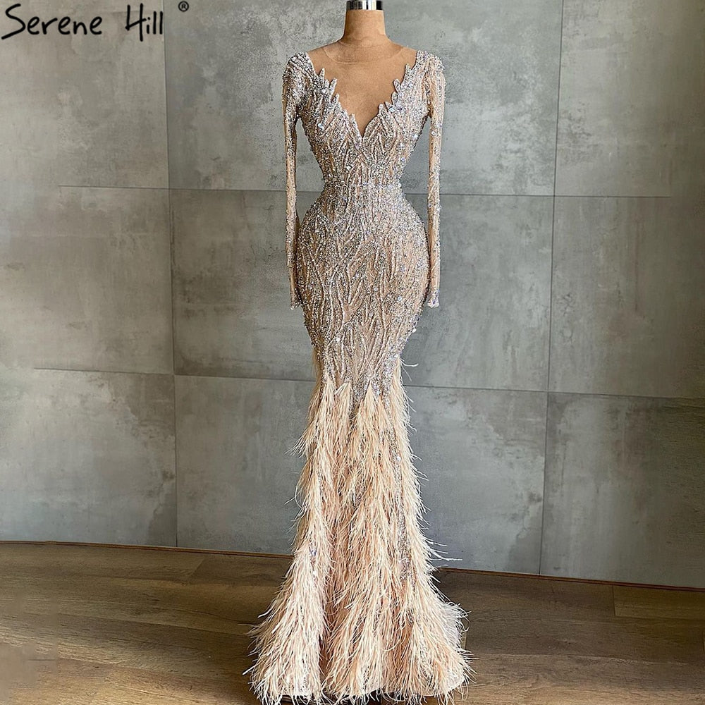 Muslim Nude Meramid Luxury Evening Dresses Gowns Beaded Feathers Elegant 2025 For Women Party LA71093