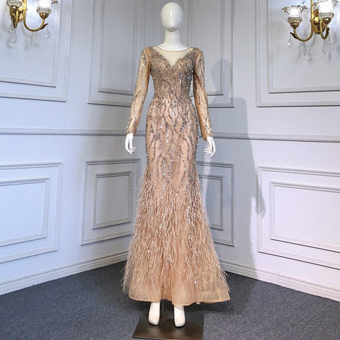 Muslim Nude Meramid Luxury Evening Dresses Gowns Beaded Feathers Elegant 2025 For Women Party LA71093