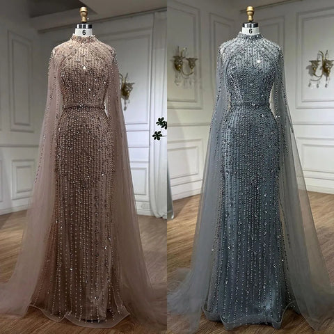 Muslim Nude Mermaid Cape Sleeves Pearls Beaded Luxury Dubai Evening Dresses Gowns 2025 Women Wedding Party LA72372