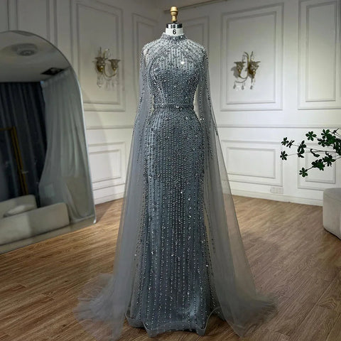 Muslim Nude Mermaid Cape Sleeves Pearls Beaded Luxury Dubai Evening Dresses Gowns 2025 Women Wedding Party LA72372