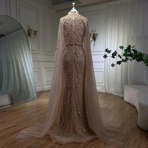 Muslim Nude Mermaid Cape Sleeves Pearls Beaded Luxury Dubai Evening Dresses Gowns 2025 Women Wedding Party LA72372