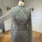 Muslim Nude Mermaid Cape Sleeves Pearls Beaded Luxury Dubai Evening Dresses Gowns 2025 Women Wedding Party LA72372