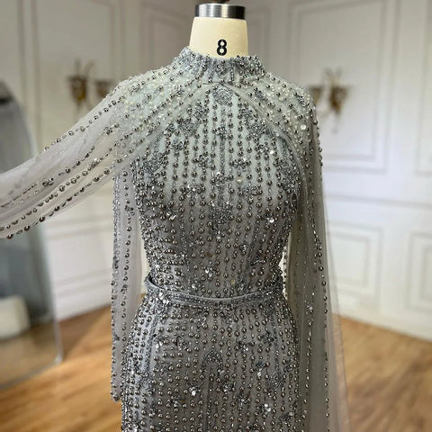 Muslim Nude Mermaid Cape Sleeves Pearls Beaded Luxury Dubai Evening Dresses Gowns 2025 Women Wedding Party LA72372