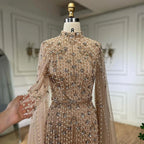 Muslim Nude Mermaid Cape Sleeves Pearls Beaded Luxury Dubai Evening Dresses Gowns 2025 Women Wedding Party LA72372