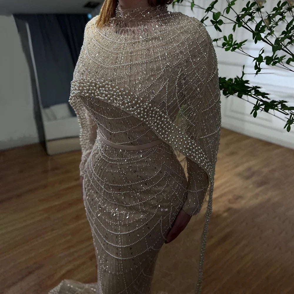 Luxury  Muslim  Cape Dubai Arabia Evening Dresses Nude Mermaid Gowns for Party LA72032m
