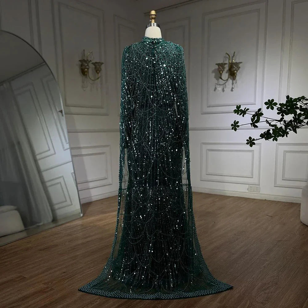 Luxury  Muslim  Cape Dubai Arabia Evening Dresses Nude Mermaid Gowns for Party LA72032m