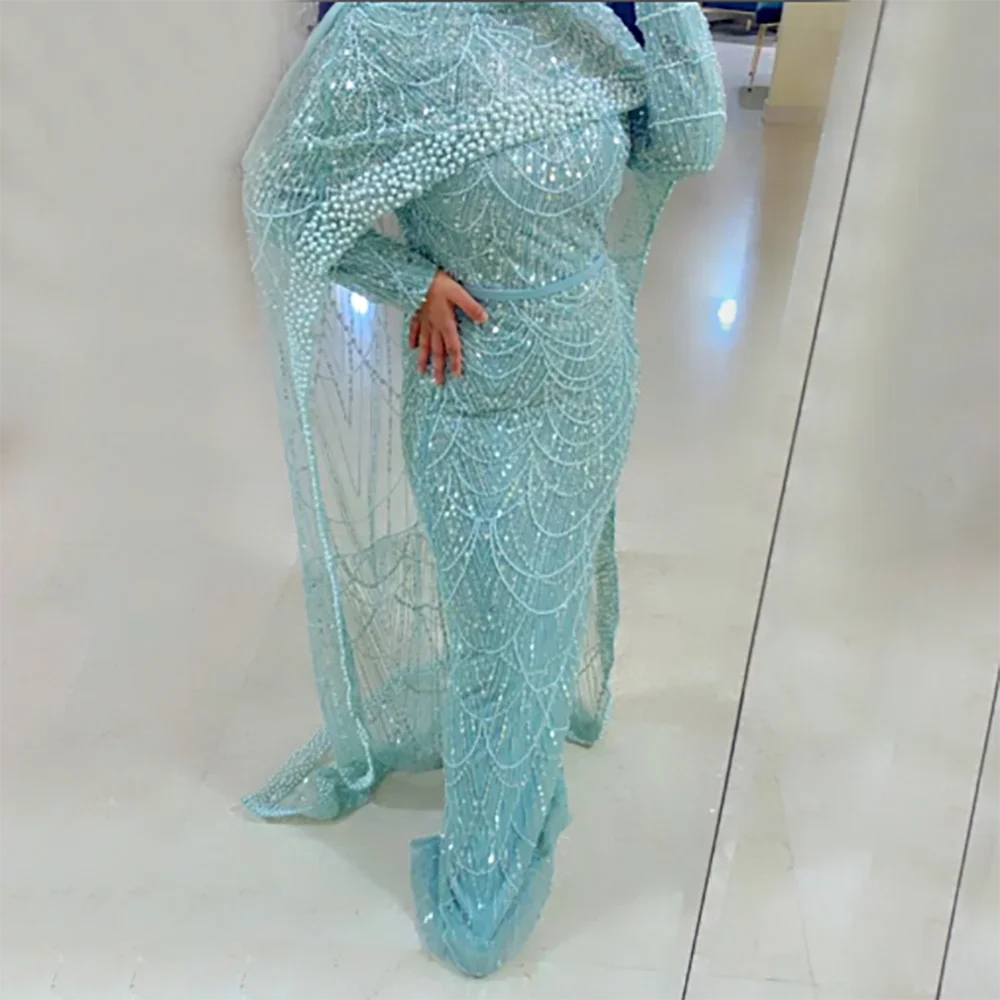 Luxury  Muslim  Cape Dubai Arabia Evening Dresses Nude Mermaid Gowns for Party LA72032m