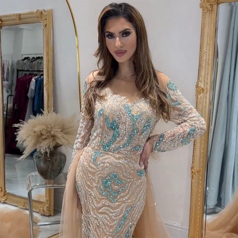 Muslim Nude Mermaid With Overskirt Beaded Split Long Evening Dresses Gowns For Woman Wedding Party 2025 LA71995