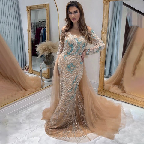 Muslim Nude Mermaid With Overskirt Beaded Split Long Evening Dresses Gowns For Woman Wedding Party 2025 LA71995