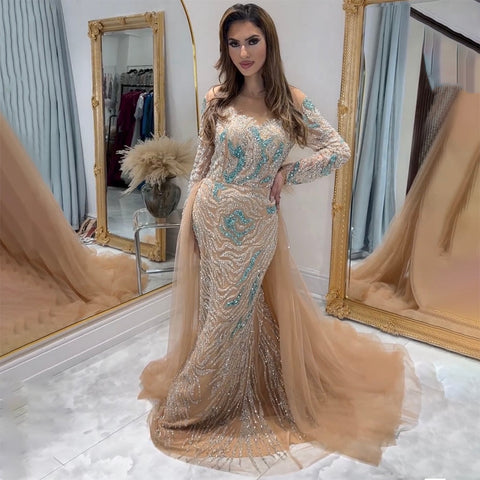 Muslim Nude Mermaid With Overskirt Beaded Split Long Evening Dresses Gowns For Woman Wedding Party 2025 LA71995