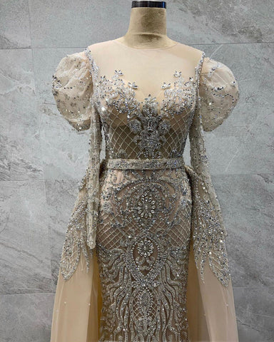 Muslim Nude Silver Mermaid Evening Dresses Gowns 2025 Beaded Elegant Luxury Overskirt For Woman Party LA71352