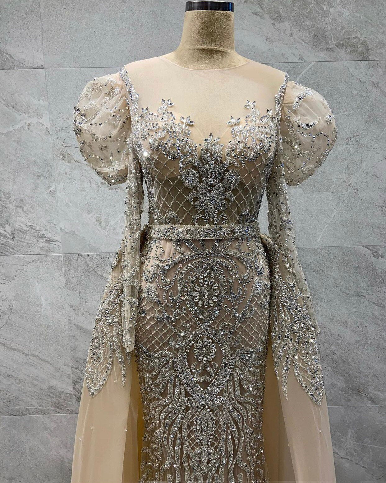 Muslim Nude Silver Mermaid Evening Dresses Gowns 2025 Beaded Elegant Luxury Overskirt For Woman Party LA71352