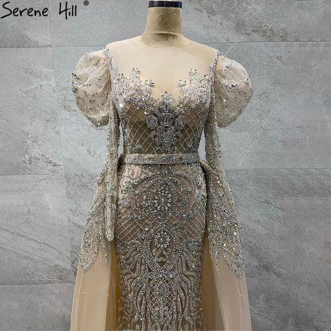 Muslim Nude Silver Mermaid Evening Dresses Gowns 2025 Beaded Elegant Luxury Overskirt For Woman Party LA71352