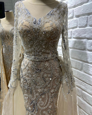 Muslim Nude Silver Overskirt Evening Dresses Gowns 2025 Mermaid Beaded Luxury Elegant For Woman Party LA71353