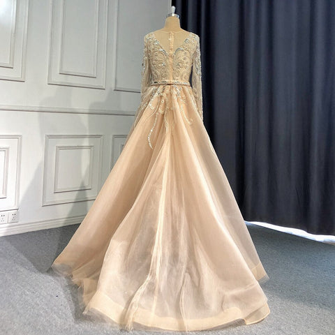 Muslim Nude Silver Overskirt Evening Dresses Gowns 2025 Mermaid Beaded Luxury Elegant For Woman Party LA71353