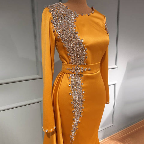 Muslim Orange Overskirt Evening Gowns 2025 Mermaid Elegant Luxury Beaded For Women Party LA71512