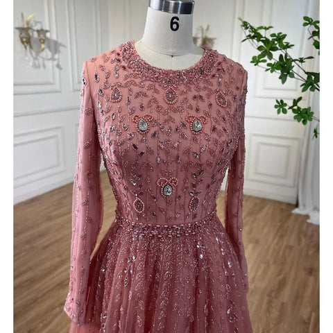 Muslim Pink A Line Beaded Dubai Luxury Evening Dresses Gowns For Women Wedding Party Plus Size 2025 LA71803C