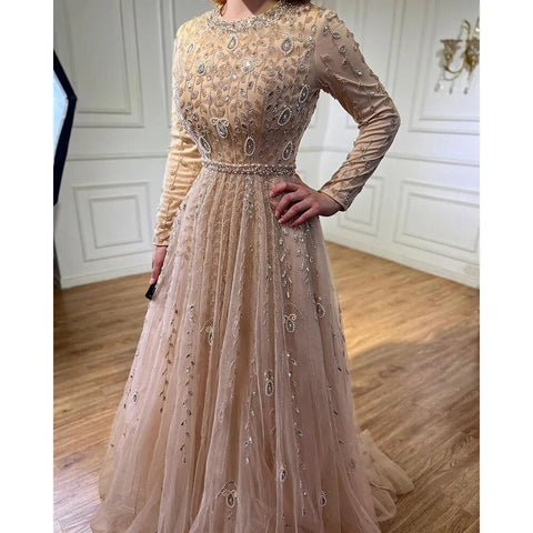 Muslim Pink A Line Beaded Dubai Luxury Evening Dresses Gowns For Women Wedding Party Plus Size 2025 LA71803C