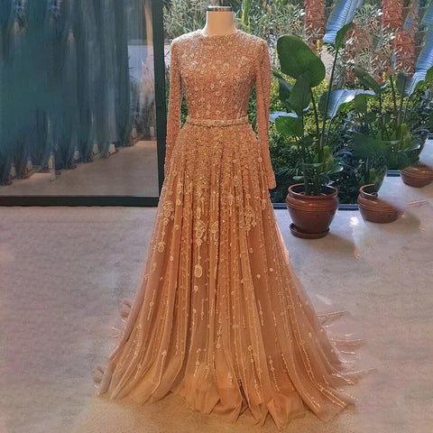 Muslim Pink A Line Beaded Dubai Luxury Evening Dresses Gowns For Women Wedding Party Plus Size 2025 LA71803C