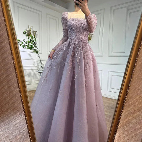 Dusty Pink Long Sleeves Dubai Luxury Evening Dresses  Gowns For Party LA71915
