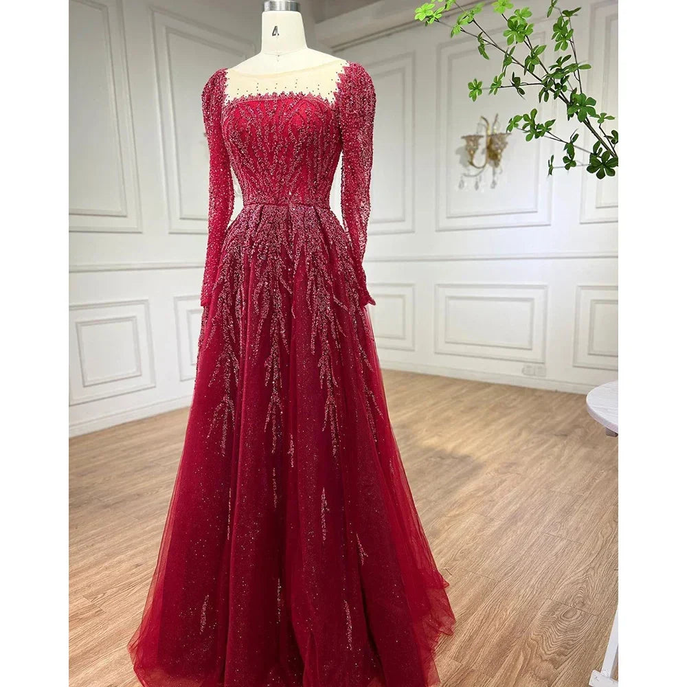 Dusty Pink Long Sleeves Dubai Luxury Evening Dresses  Gowns For Party LA71915