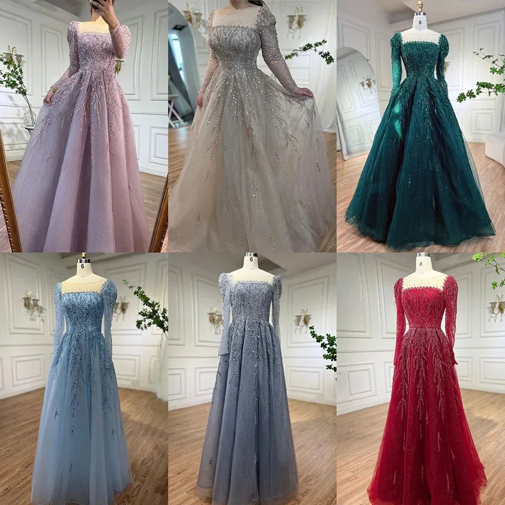 Dusty Pink Long Sleeves Dubai Luxury Evening Dresses  Gowns For Party LA71915