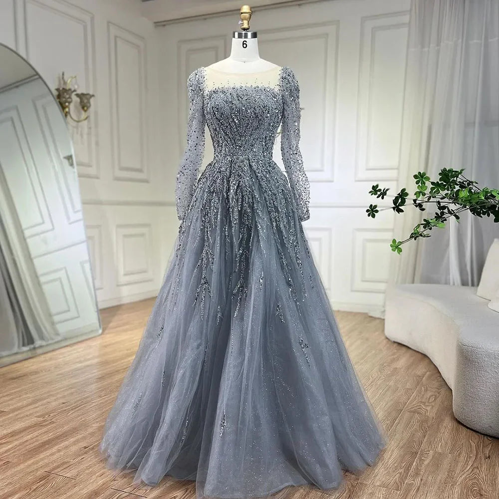 Dusty Pink Long Sleeves Dubai Luxury Evening Dresses  Gowns For Party LA71915