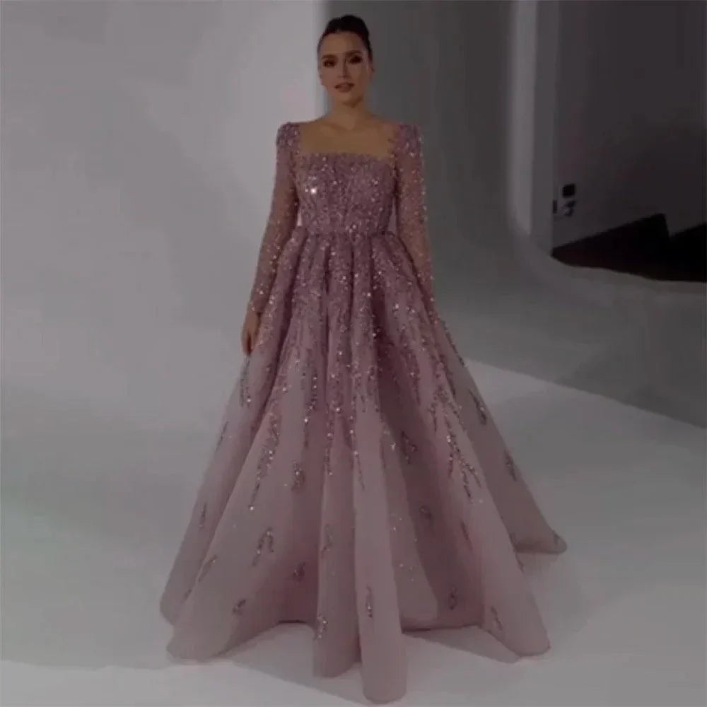 Vestidos largos de noche de lujo, corte A, con cuentas, color rosa musulmán, de Serene Hill, ideales para bodas y fiestas. 