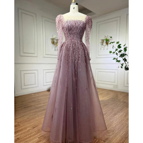Dusty Pink Long Sleeves Dubai Luxury Evening Dresses  Gowns For Party LA71915