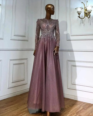 Muslim Pink  A-Line Beaded Luxury Evening Dresses Gowns 2025 For Women Wedding Party LA71290A