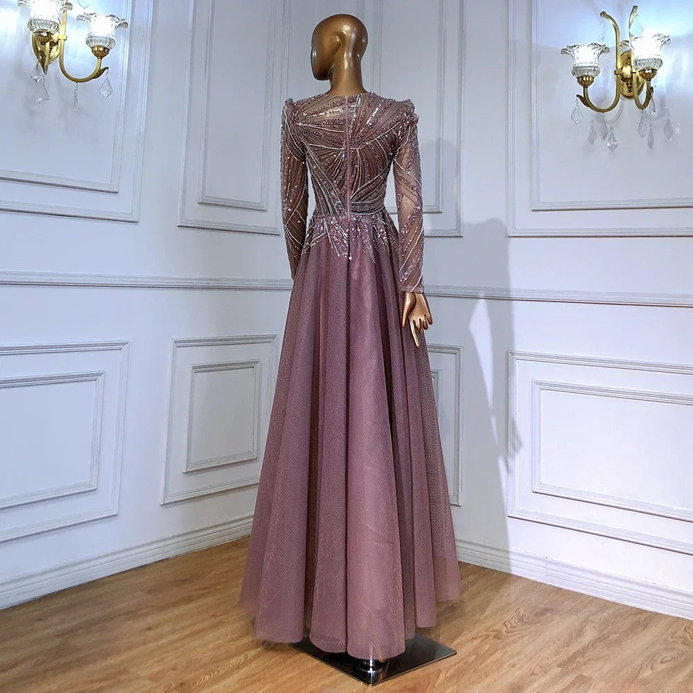 Muslim Pink  A-Line Beaded Luxury Evening Dresses Gowns 2025 For Women Wedding Party LA71290A