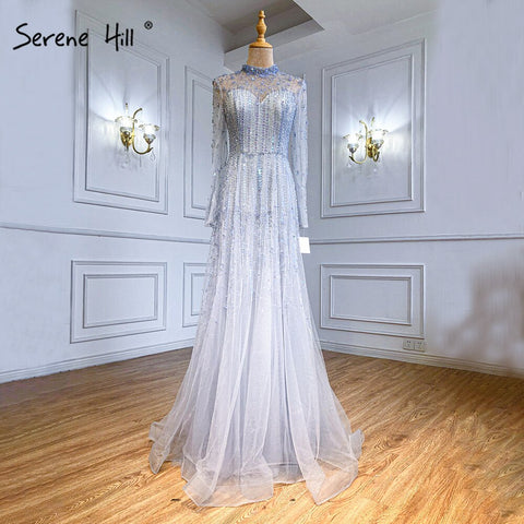 Muslim  Pink A-Line Evening Dresses Gowns 2025 Luxury Beaded Crystal For Women Party LA71227A