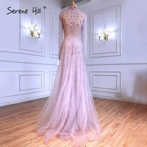 Muslim  Pink A-Line Evening Dresses Gowns 2025 Luxury Beaded Crystal For Women Party LA71227A