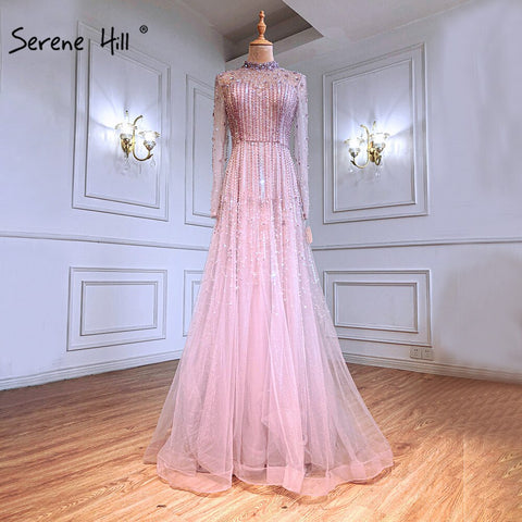 Muslim  Pink A-Line Evening Dresses Gowns 2025 Luxury Beaded Crystal For Women Party LA71227A