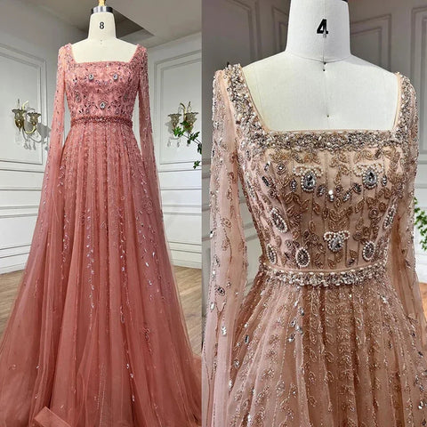 Muslim Pink Beaded A-Line Square Collar Luxury Dubai Evening Dress Gown LA71803A
