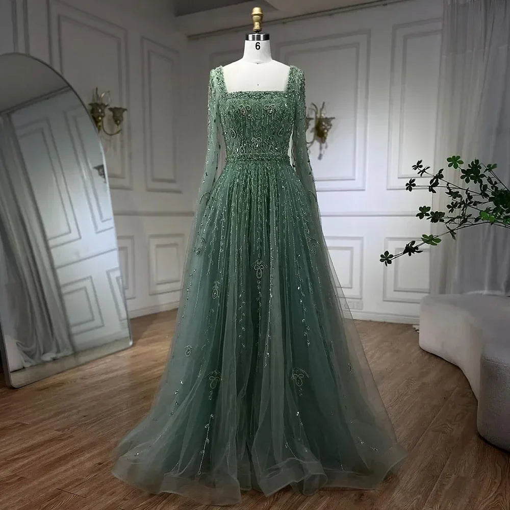 Muslim Pink Beaded A-Line Square Collar Luxury Dubai Evening Dress Gown LA71803A