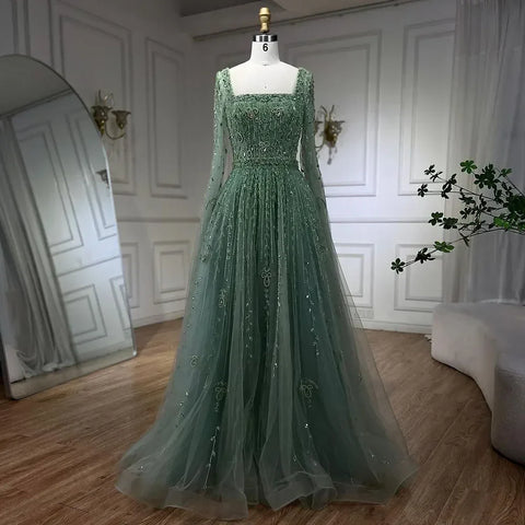 Muslim Pink Beaded A-Line Square Collar Luxury Dubai Evening Dress Gown LA71803A