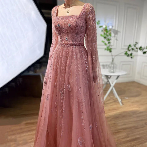 Muslim Pink Beaded A-Line Square Collar Luxury Dubai Evening Dress Gown LA71803A