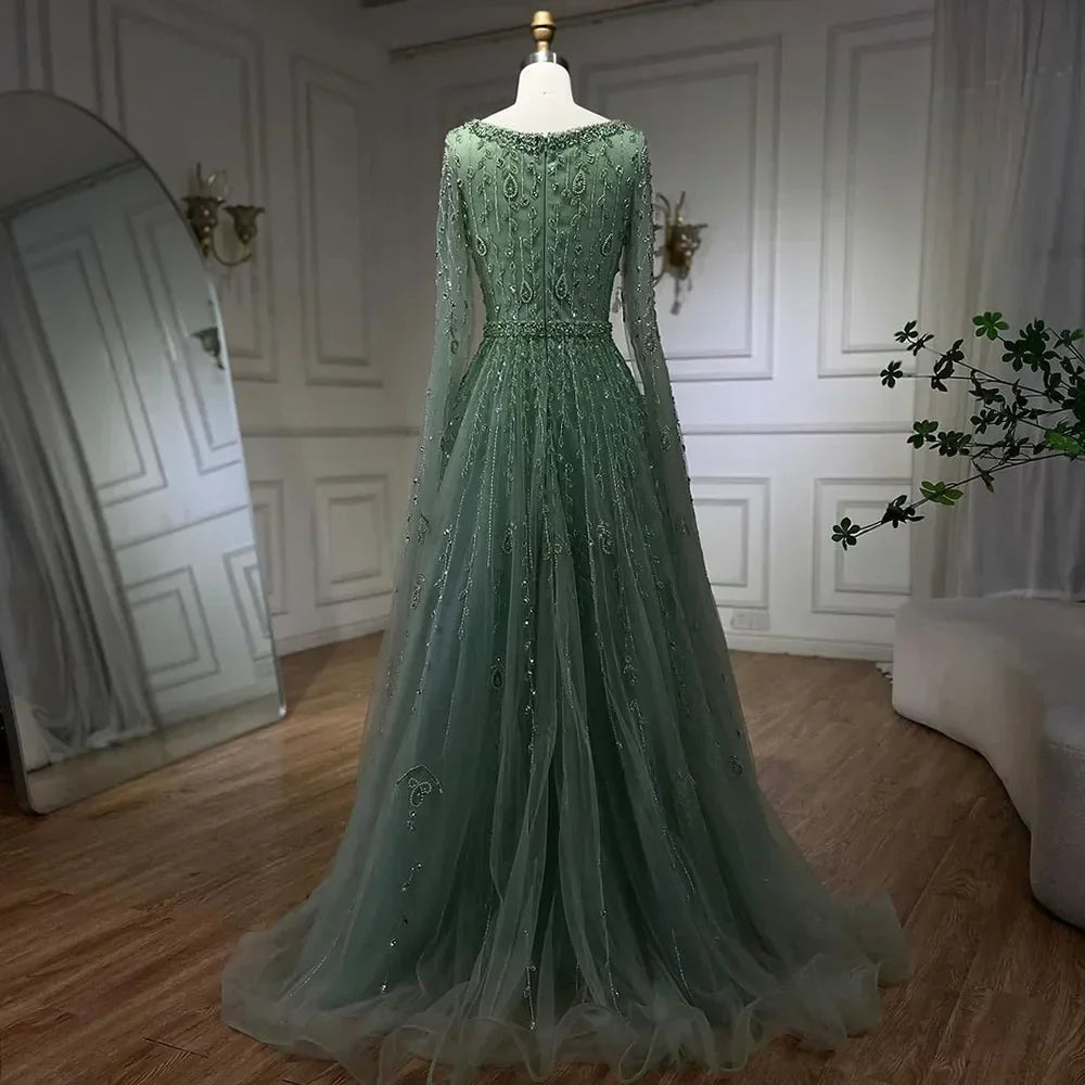 Muslim Pink Beaded A-Line Square Collar Luxury Dubai Evening Dress Gown LA71803A