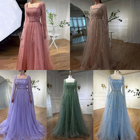 Muslim Pink Beaded A-Line Square Collar Luxury Dubai Evening Dress Gown LA71803A